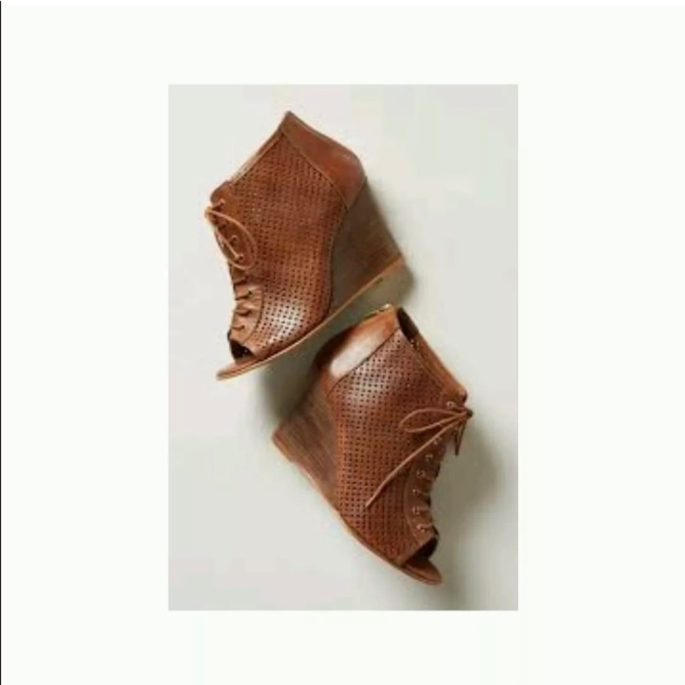 Anthropologie Relance Brown Leather Peep Toe Lace Up Booties Shoes Wedges
